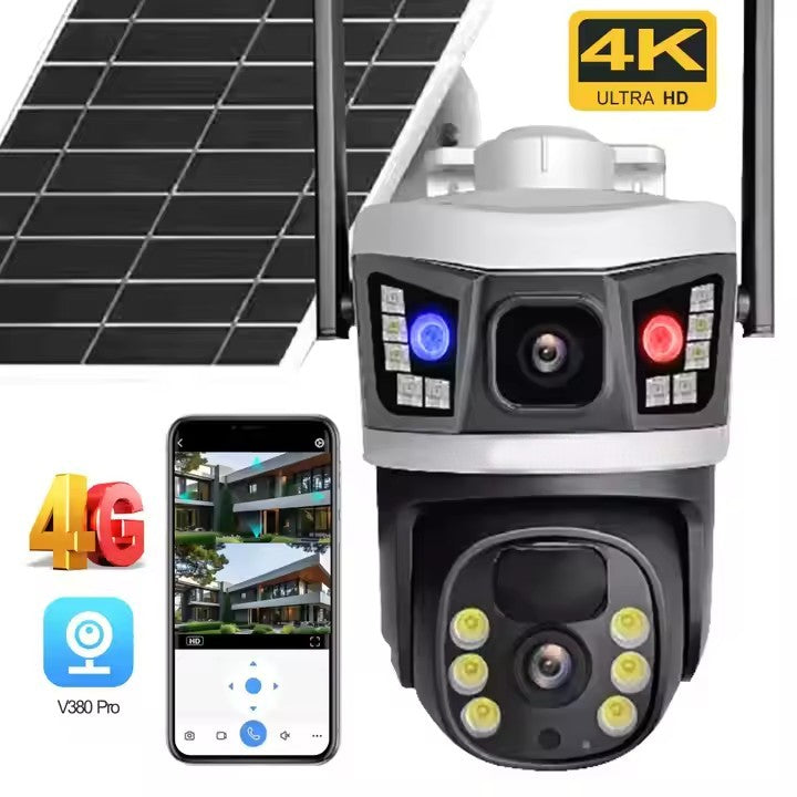 Cameră Supraveghere Solară 4G cu 2 Camere AT PERFORMANCE® – 6MP Full HD, PTZ, SIM, V380 Pro, Vedere Color Noaptea, Senzor PIR + AI, Exterior